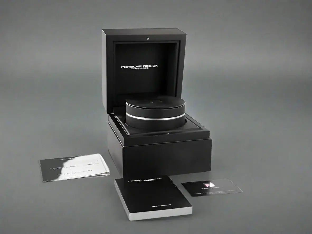 Black luxury Porsche Design 1919 Automatic Watch box with paperwork and cylindrical insert
