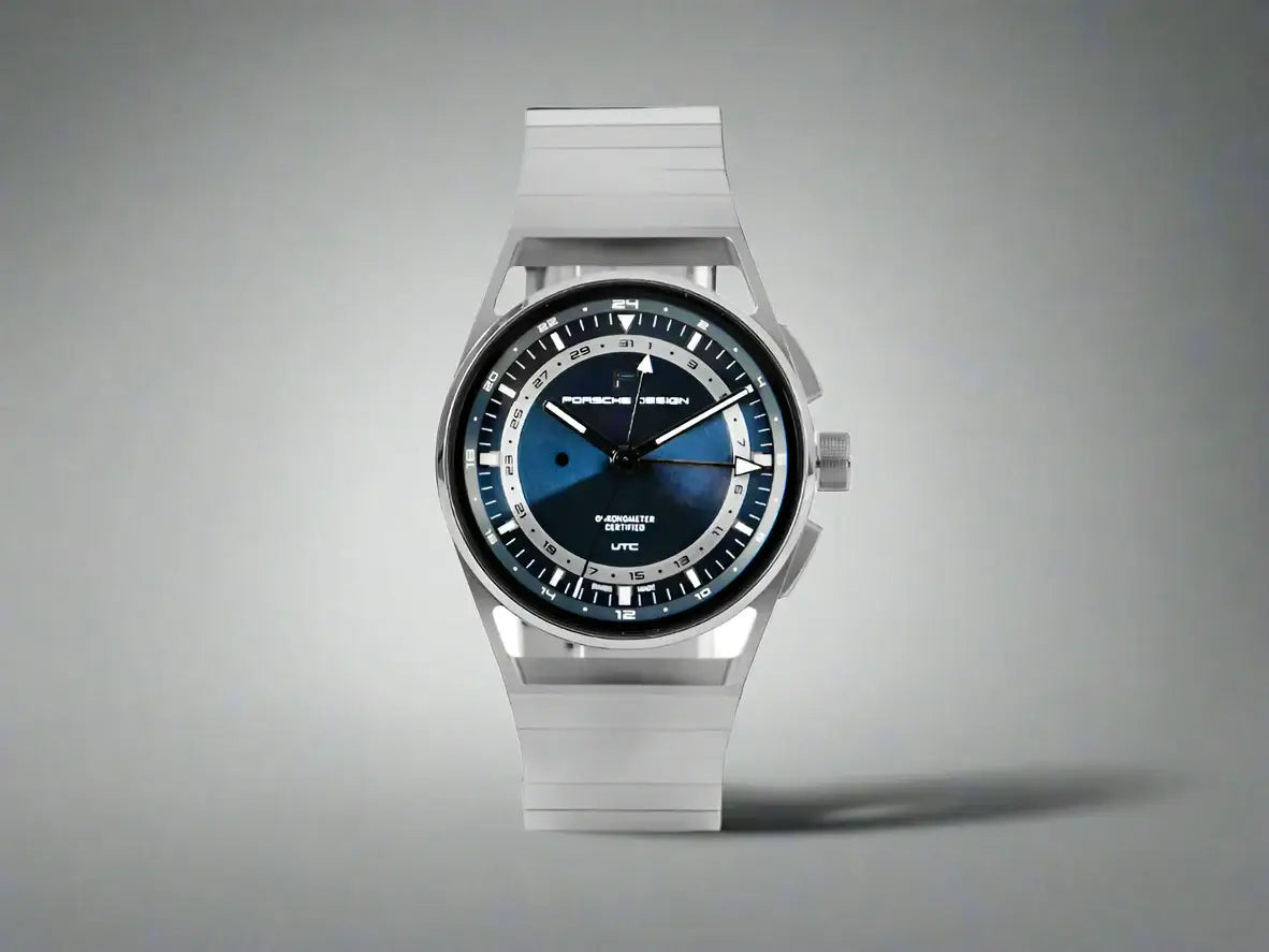 Silver Porsche Design 1919 Automatic Watch with blue face and white hands, showcasing premium watch features