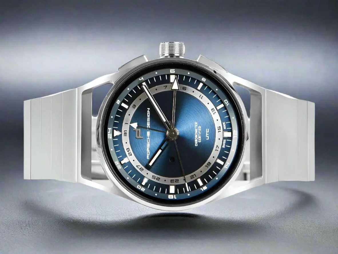 Porsche Design 1919 Automatic Watch with blue dial and white metal band showcasing sleek watch features
