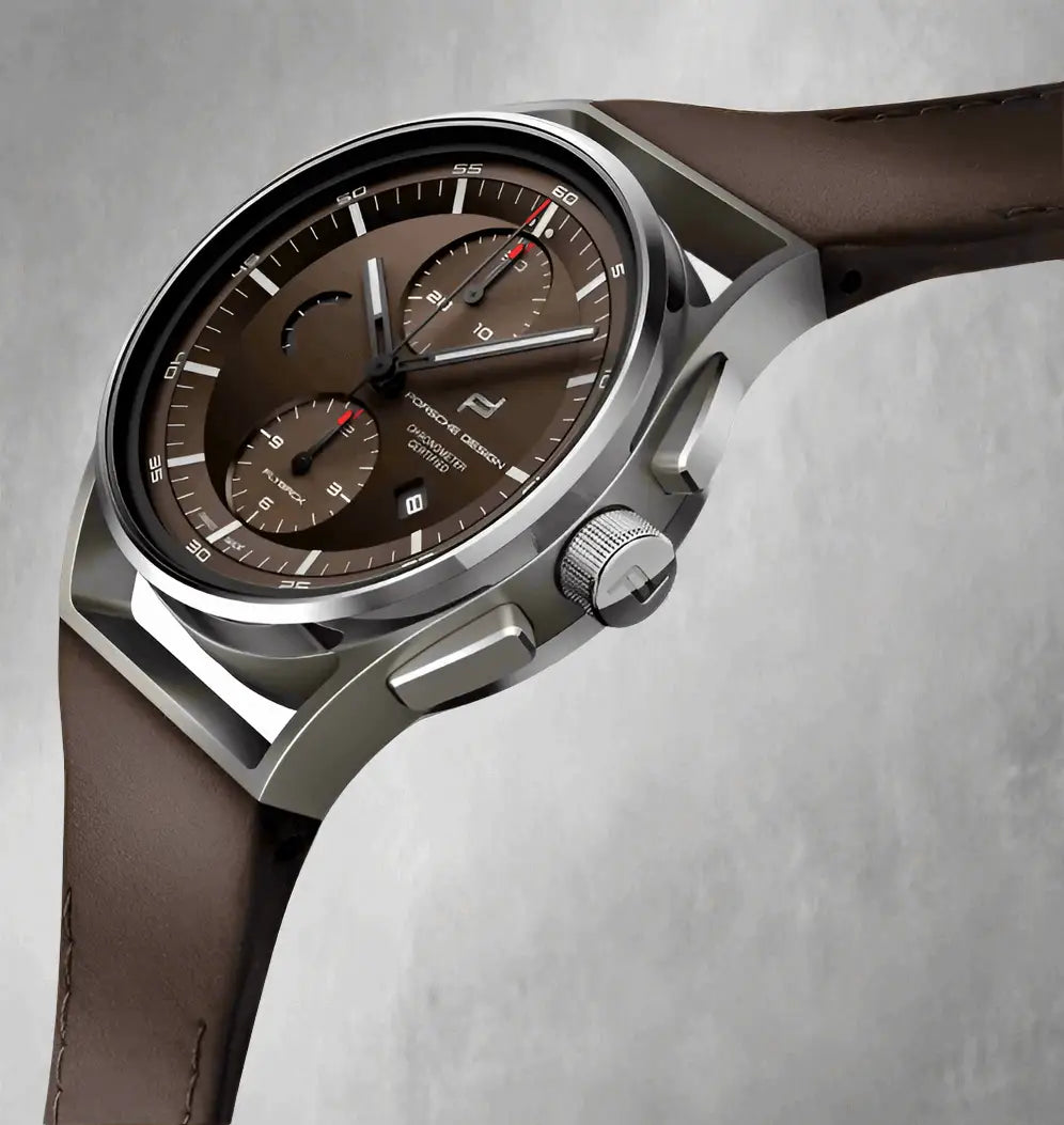 Porsche Design 1919 brown Chronotimer Flyback automatic watch with brown dial, silver case, leather strap