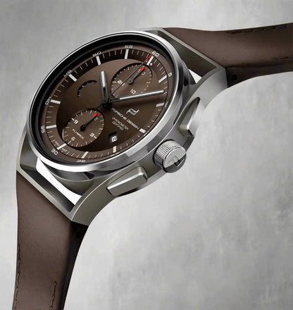 Porsche Design 1919 brown Chronotimer Flyback automatic watch with brown dial, silver case, leather strap