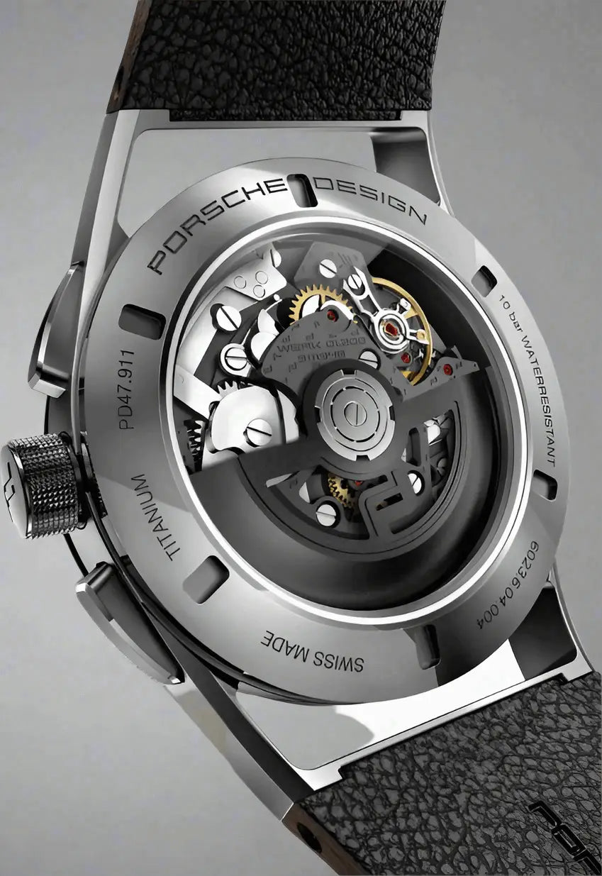 Porsche Design 1919 brown Chronotimer Flyback automatic watch with exposed movement and textured leather strap