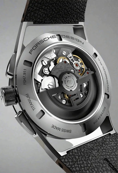 Porsche Design 1919 brown Chronotimer Flyback automatic watch with exposed movement and textured leather strap