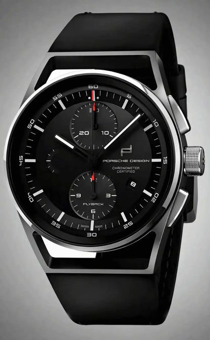 Porsche Design chronotimer flyback automatic men’s black and silver watch with rubber strap