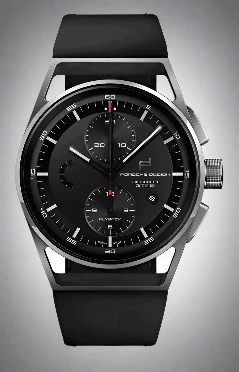 Porsche Design chronotimer flyback automatic watch with black case and rubber strap