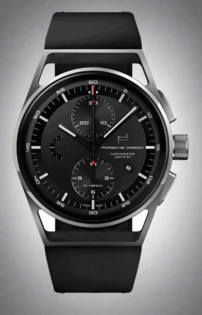 Porsche Design chronotimer flyback automatic watch with black case and rubber strap
