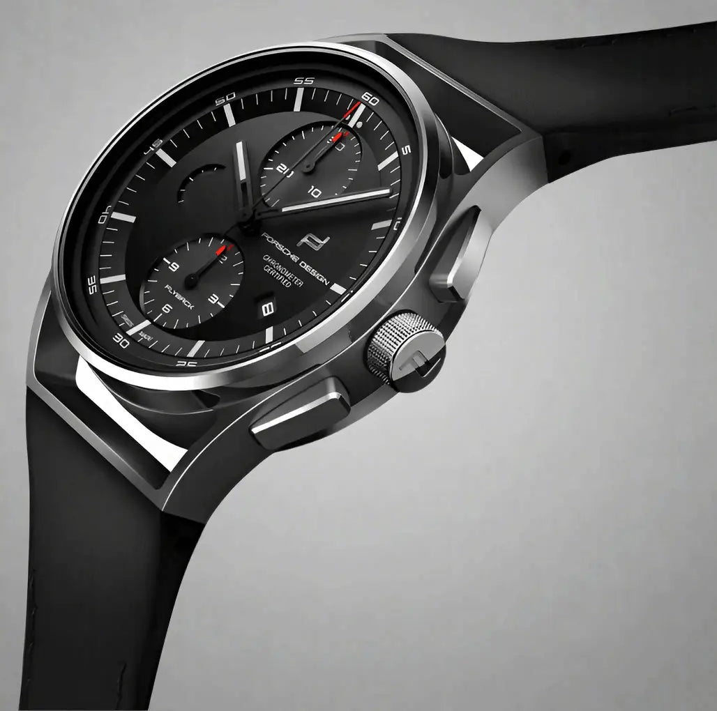Porsche Design black 1919 Chronotimer Flyback Automatic watch with black dial, silver case, rubber strap