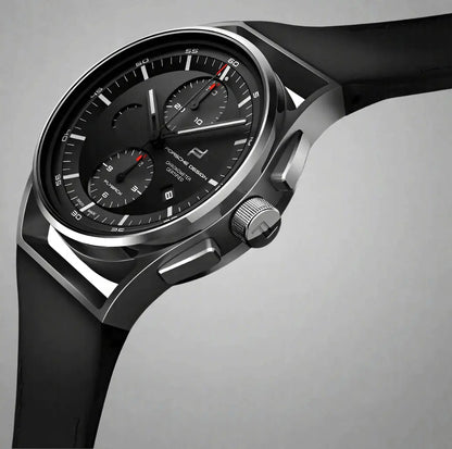 Porsche Design black 1919 Chronotimer Flyback Automatic watch with black dial, silver case, rubber strap