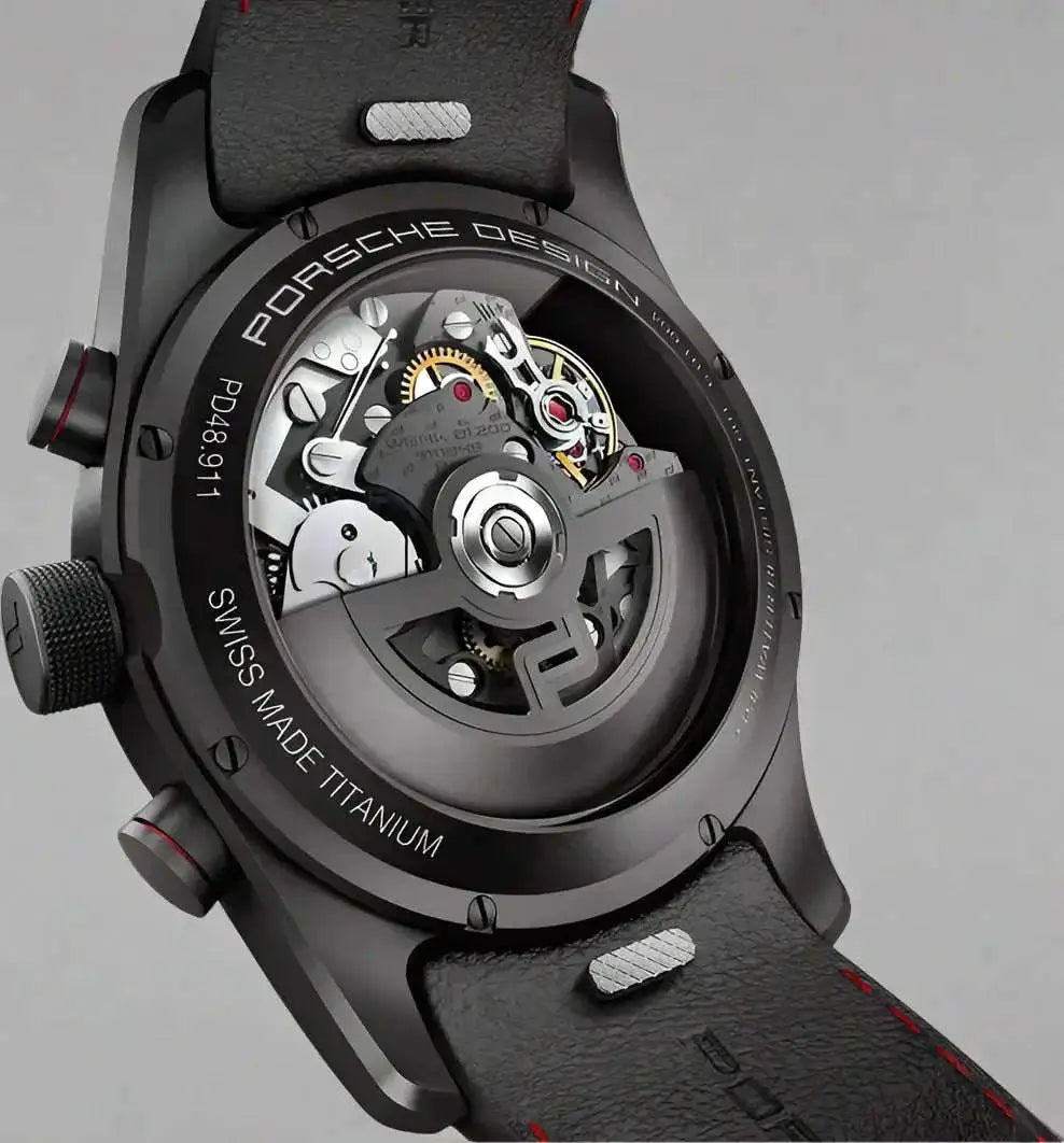 Porsche Design Black Red titanium watch with exposed automatic movement and leather strap