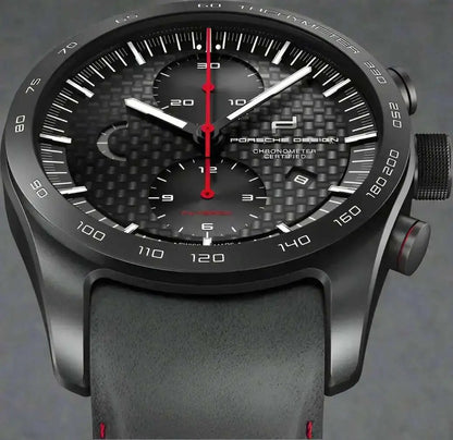 Porsche Design Black Red Automatic Titanium Leather Timepiece with black chronograph watch