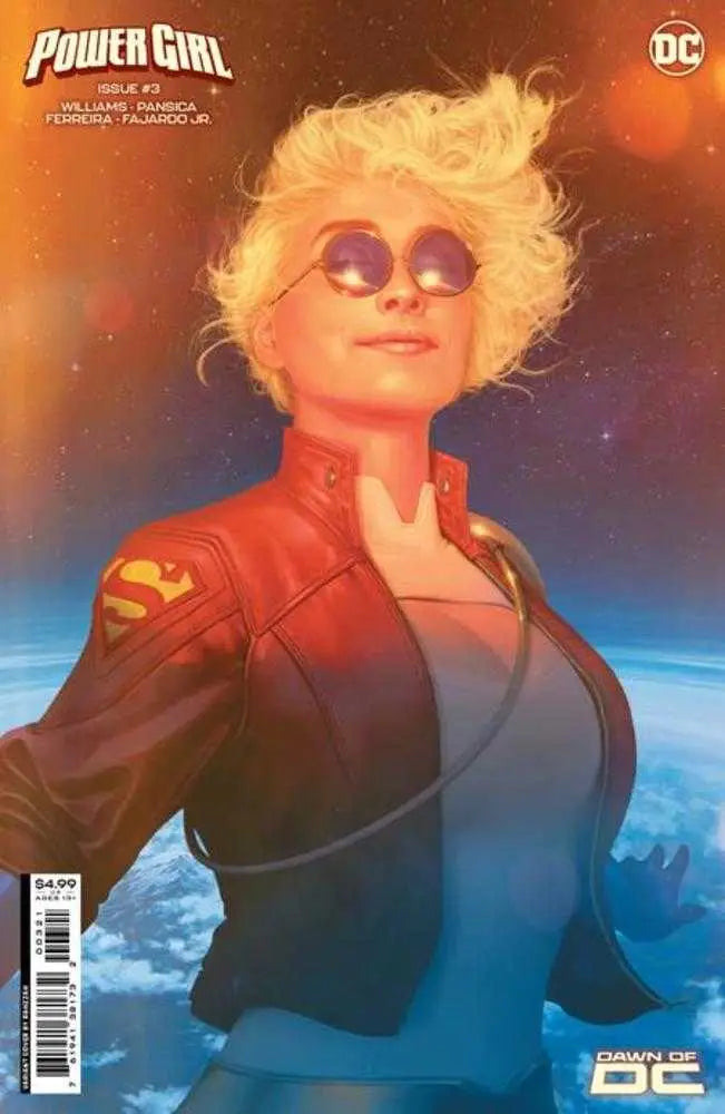 Comic book cover of Power Girl #3 with character in red jacket and glowing eyes