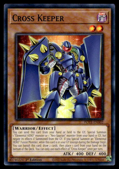 Blue armored robot warrior with yellow accents in battle pose for POTE-EN002 Cross Keeper