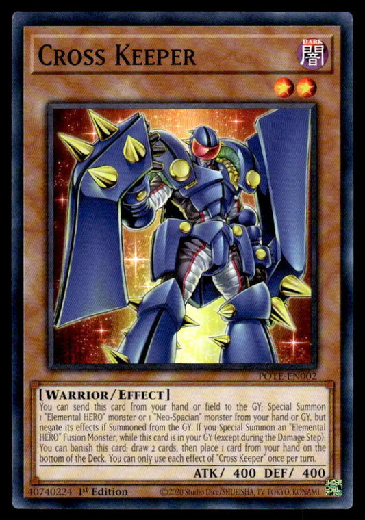 Blue armored robot warrior with yellow accents in battle pose for POTE-EN002 Cross Keeper