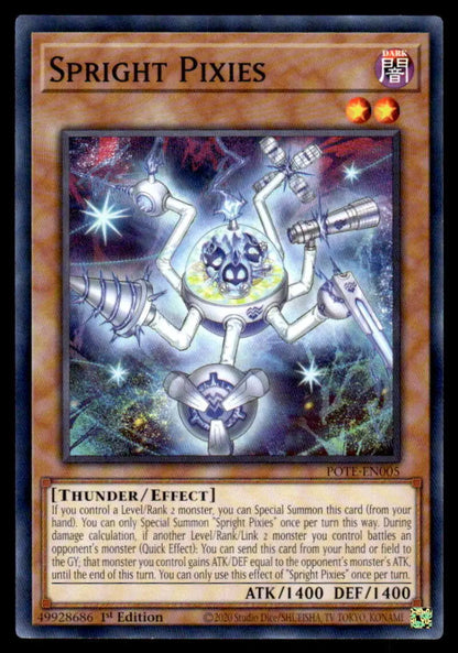 Mechanical Spright Pixies creature with gears and glowing cores on Yugioh trading card
