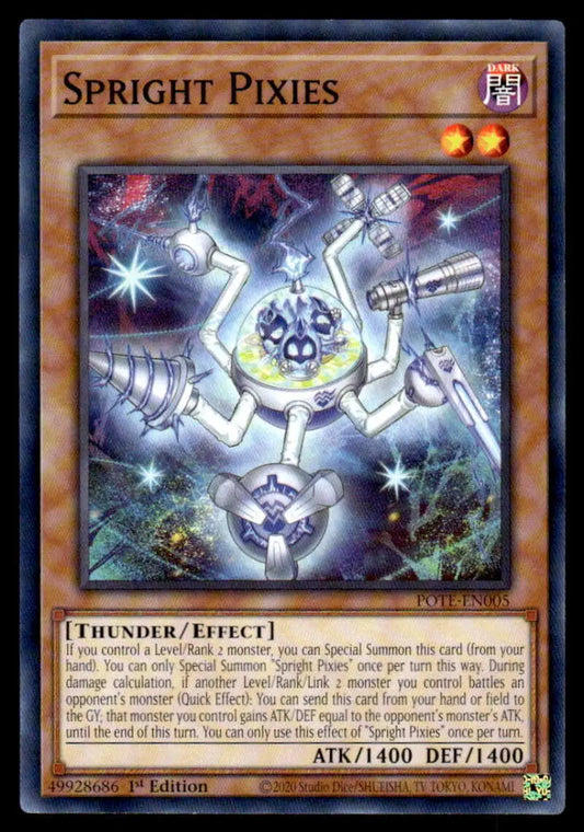 Mechanical Spright Pixies creature with gears and glowing cores on Yugioh trading card