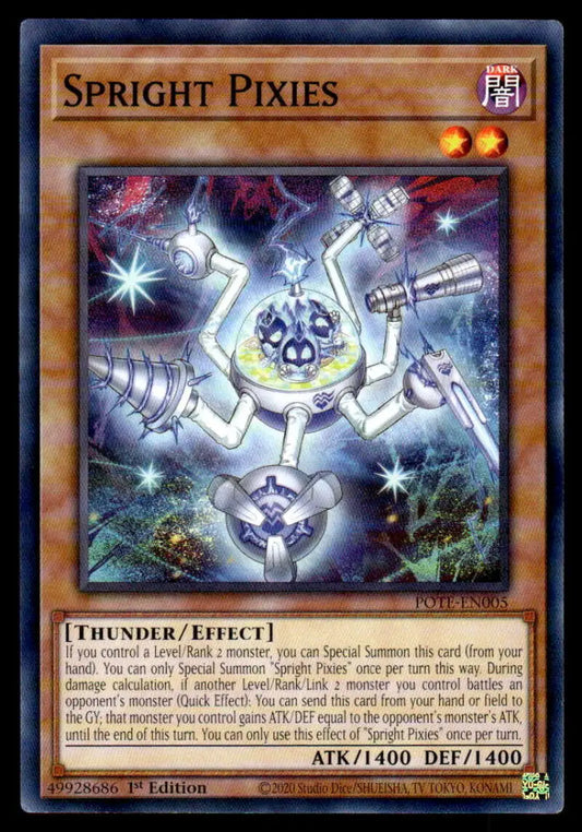 Mechanical snowflake creature with glowing orbs in Power of the Elements Spright Pixies card