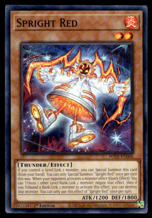Glowing orange bell-shaped creature with wings in POTE-EN006 Spright Red card