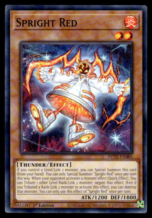 Glowing orange-red Spright Red spirit monster emerging from floating bells on Yugioh Trading Card