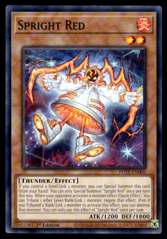 Glowing orange-red bell-shaped Spright Red creature from PotE-EN006 Yu-Gi-Oh card