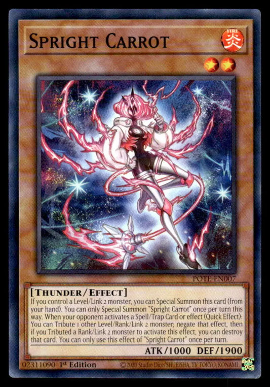 Glowing Spright Carrot spirit with pink energy tendrils in starry backdrop for YuGiOh trading