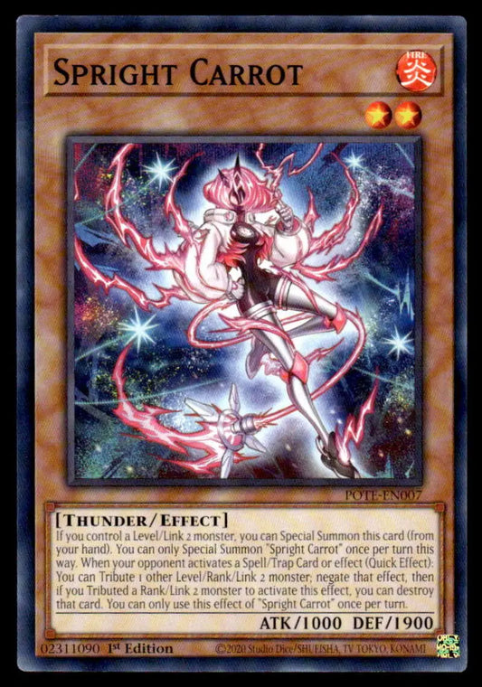 Glowing ethereal Spright Carrot spirit in cosmic setting for YuGiOh trading card