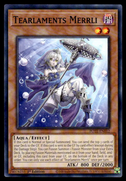 Yu-Gi-Oh! Tearlaments Merrli card POTE-EN012 featuring an underwater warrior with a staff