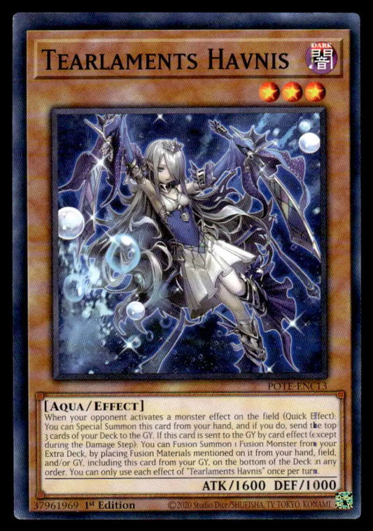 Yu-Gi-Oh trading card featuring Tearlaments Havnis with dark armor and mystical energy