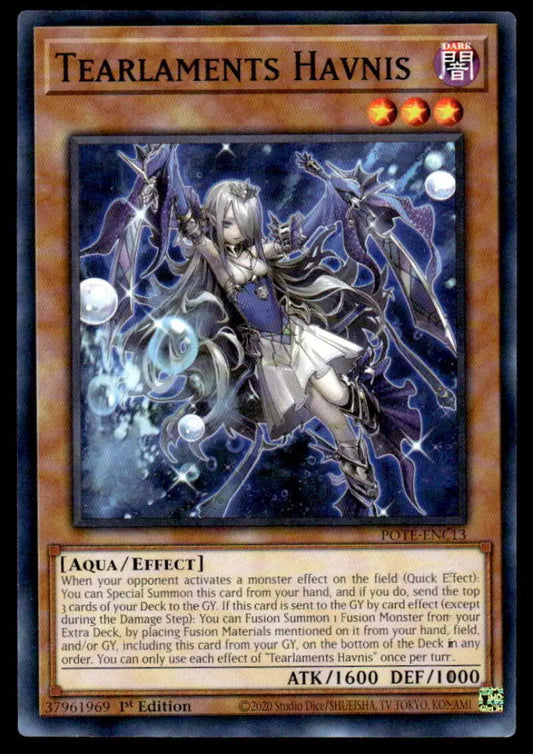 Yu-Gi-Oh trading card of Tearlaments Havnis surrounded by lightning and glowing orbs