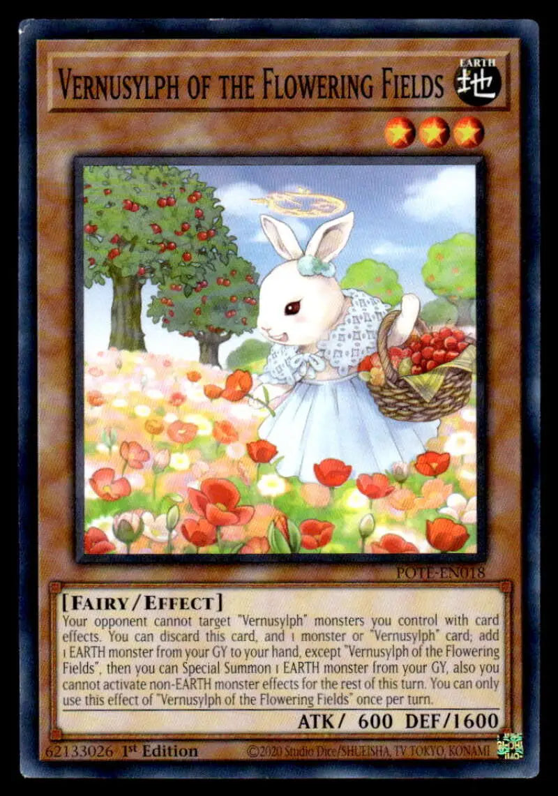 White rabbit in a blue dress gathering flowers for Power of the Elements Yugioh trading card