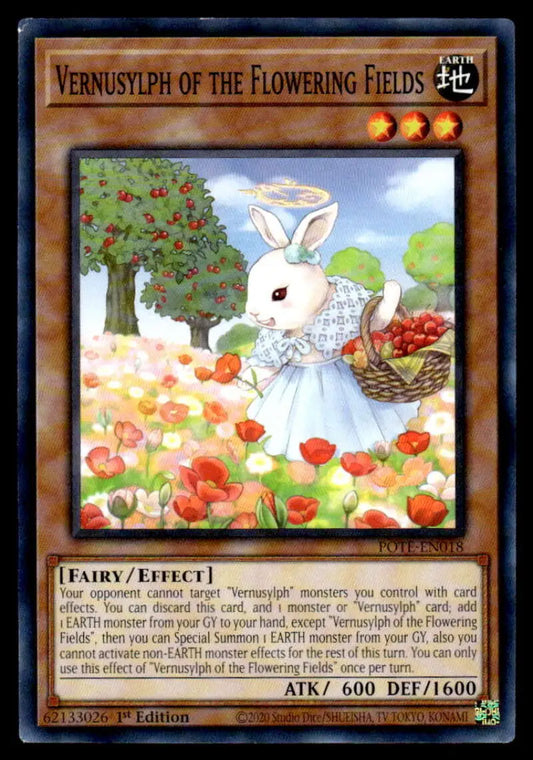 White rabbit in a blue dress gathering flowers for Power of the Elements Yugioh trading card