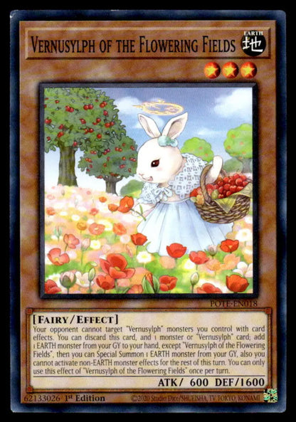 White rabbit in blue dress with basket among red flowers from Flowering Fields Yu-Gi-Oh trading card