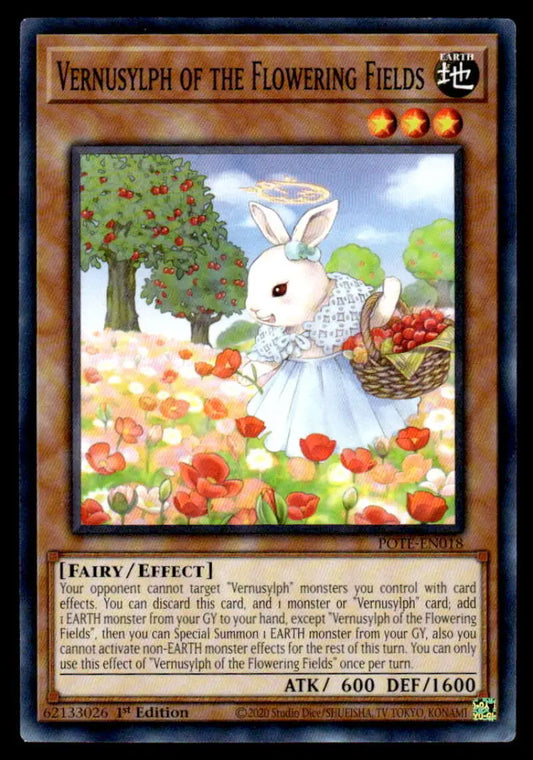 White rabbit in blue dress amidst red poppies from Flowering Fields YuGiOh trading card