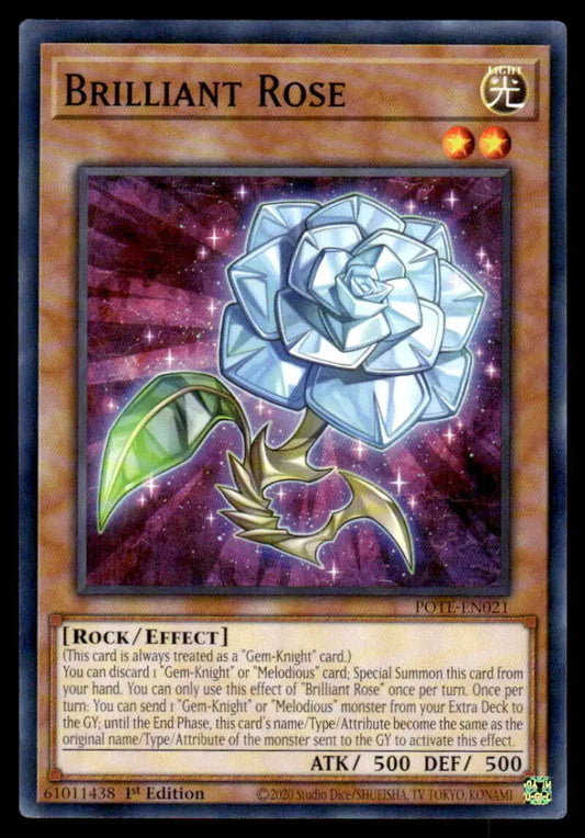 Crystalline Brilliant Rose with green leaf against cosmic backdrop for Rose Yu-Gi-Oh trading