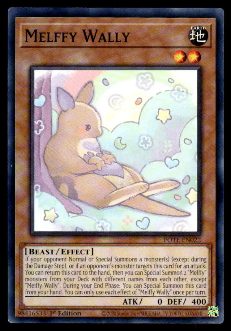 Cute Melffy Wally trading card featuring a brown rabbit-like creature with sparkly decor