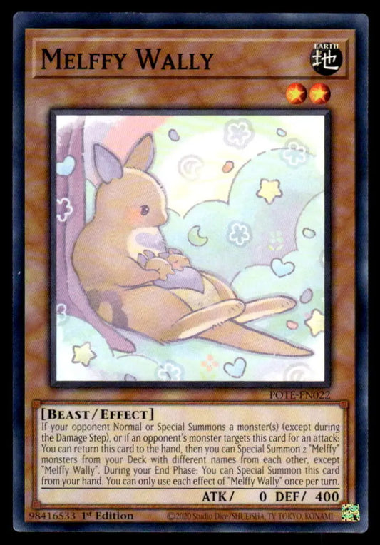 Cute Melffy Wally trading card featuring a brown rabbit-like creature with sparkly decor