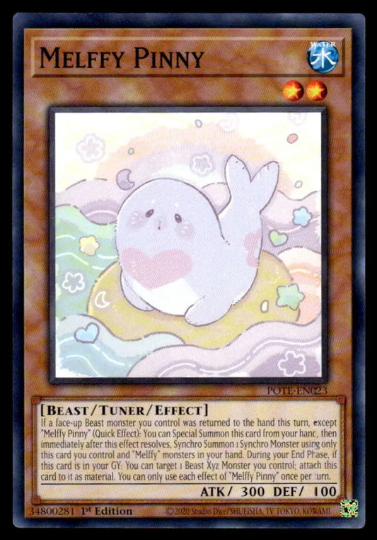 Cute ghost-like seal creature on a yellow donut in POTE-EN023 Melffy Pinny YuGiOh Trading Card
