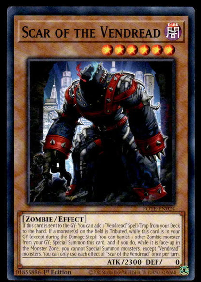 Menacing armored zombie warrior in red and black from Vendread YuGiOh Trading Card