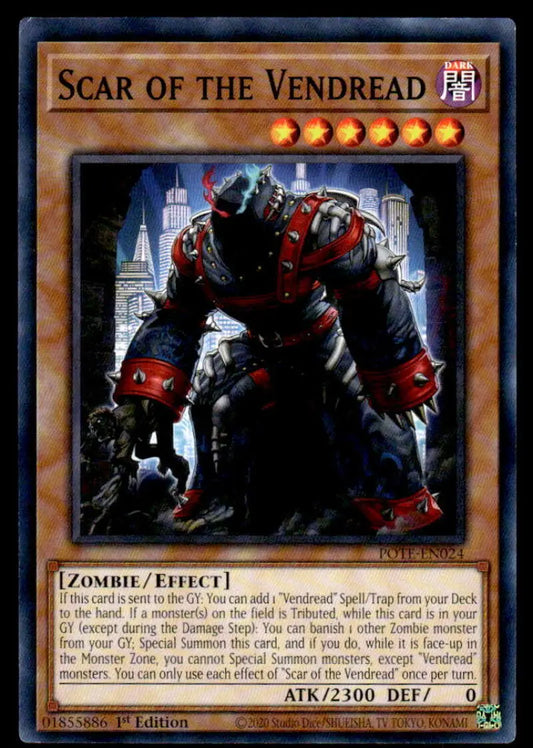 Menacing armored zombie warrior in red and black from Vendread YuGiOh Trading Card