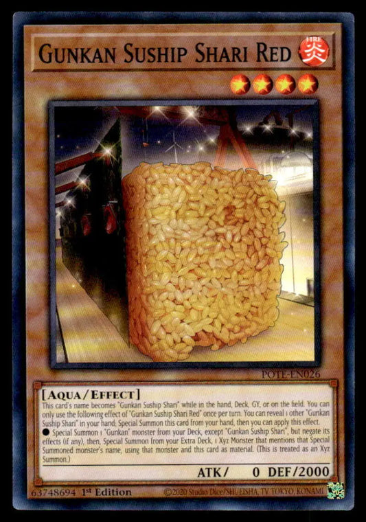 Golden-brown cube of instant ramen noodles for Gunkan Suship Shari Red card