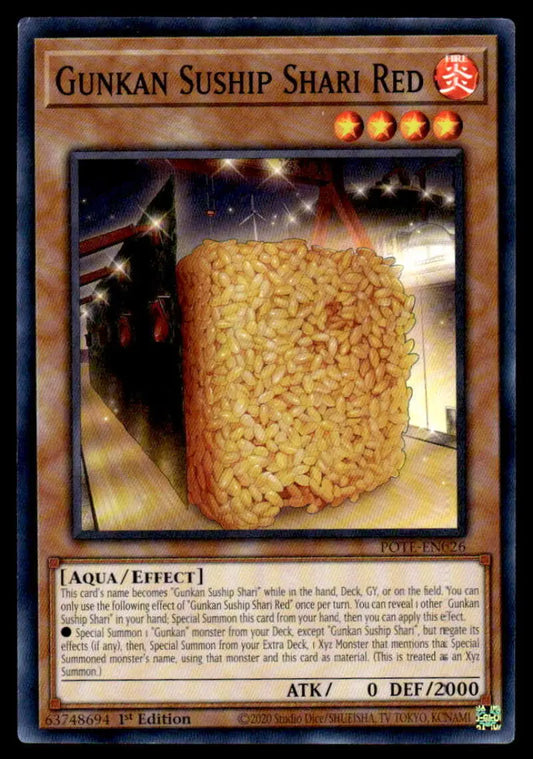 Dense block of instant ramen noodles on Gunkan Suship Shari Red Yu-Gi-Oh! card