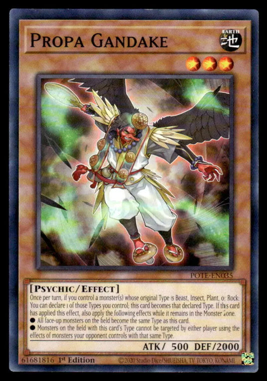Yu-Gi-Oh! trading card featuring Propa Gandake, a winged warrior in white and red robes