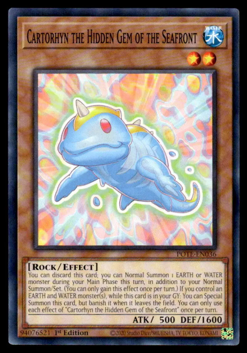 Light blue cartoon sea creature with a red gem marking on Cartorhyn trading card