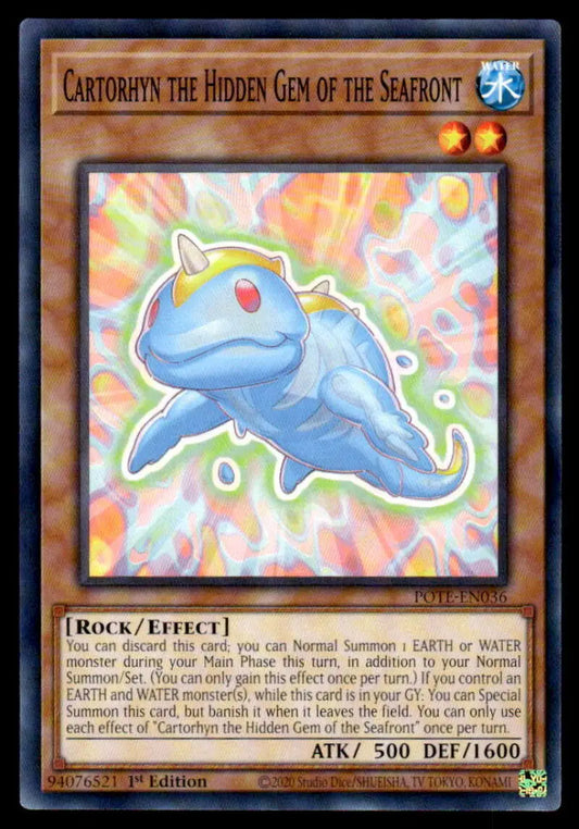 Light blue cartoon sea creature with a red gem marking on Cartorhyn trading card
