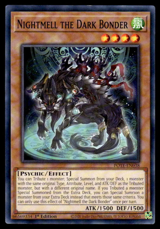 Skeletal dragon creature with red accents on POTE-EN038 Nightmell the Dark Bonder trading card