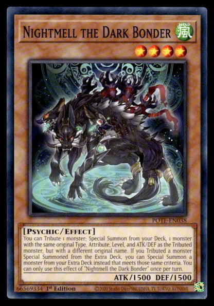 Dark armored dragon-like creature with glowing orbs on Nightmell the Dark Bonder card