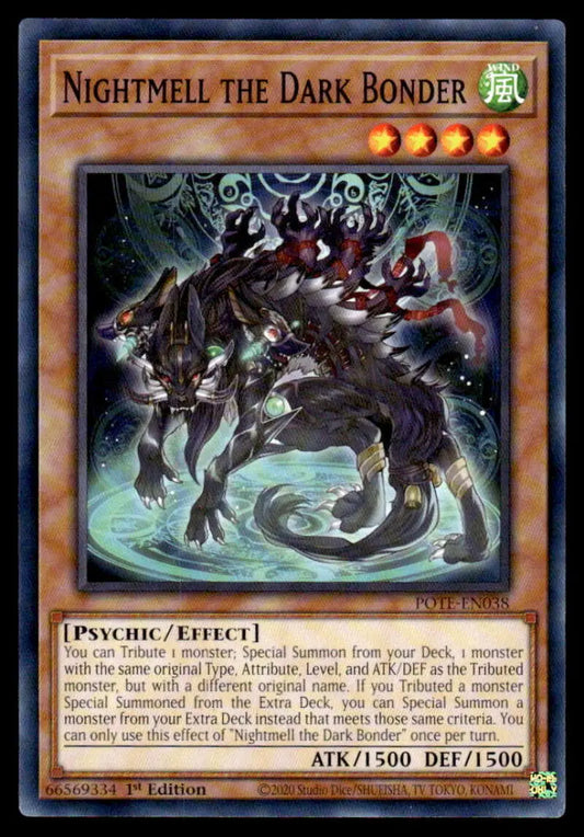 Dark armored dragon-like creature with glowing orbs on Nightmell the Dark Bonder card
