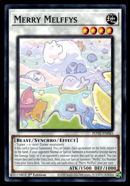 Merry Melffys Yu-Gi-Oh card featuring cute seals in a colorful pastel landscape