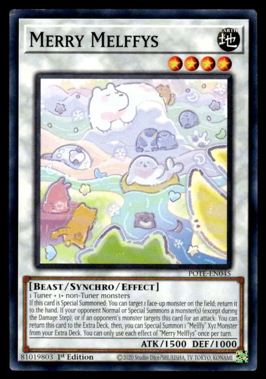 Merry Melffys Yu-Gi-Oh trading card in a pastel dreamlike landscape with cute animals