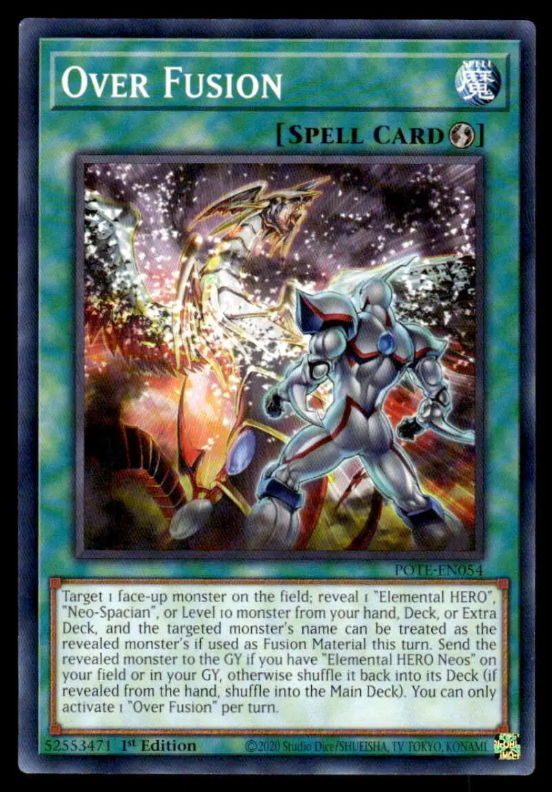 Over Fusion Yugioh trading card featuring a robotic warrior in combat stance, Power of the Elements