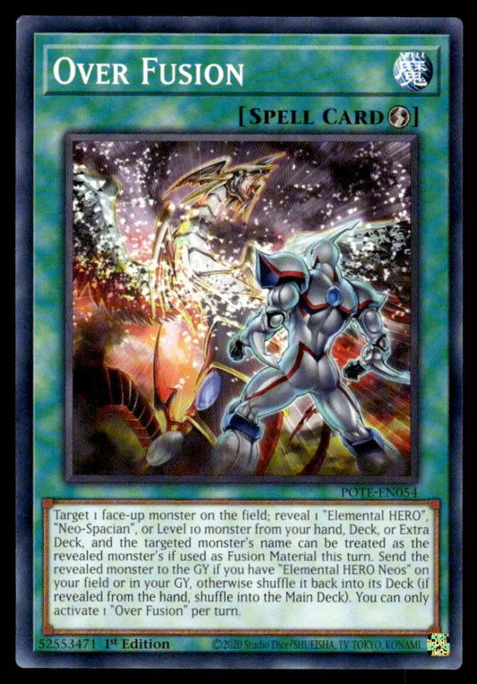 Over Fusion Yugioh trading card featuring a robotic warrior in combat stance, Power of the Elements